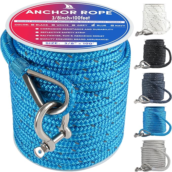 Anchor Rope 100 ft x 3/8 inch Blue, Double Braided Anchor Line with Stainless Steel Thimble & Shackle, Boat Rope with Reflective Strip Ideal for Towing,Mooring,Anchoring,for Boats Up to 27'