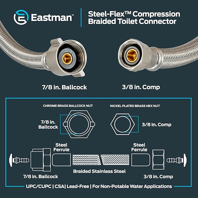 Eastman 16 Inch Steel-Flex Toilet Connector, Braided Stainless Steel Supply Line with 7/8 in Ballcock x 3/8 in Compression Ends, 48089