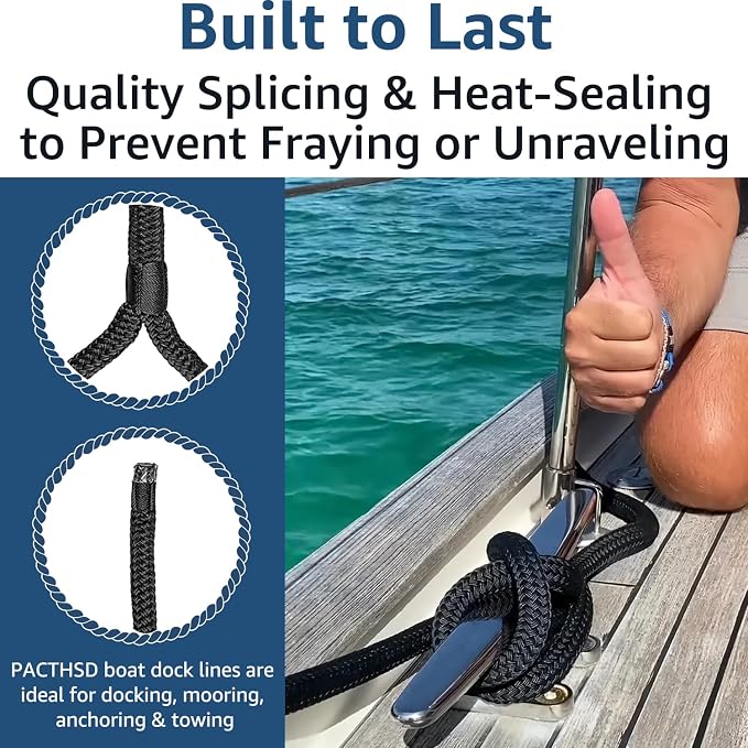 2 Pack 1/2" x 15' Dock Lines - Marine Grade Nylon Boat Rope with 12" Loop for Docking and Mooring - Double Braided Boat Lines, High Strength, Easy Handling, Fray Resistant - Black