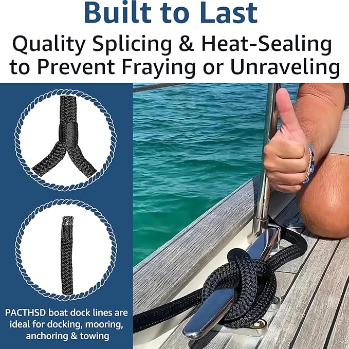 Boat Dock Lines Marine Rope 5/8" x 15' Marine-Grade Double Braided Nylon Dock Line with 15" Loop Boat Lines Dock Rope, Easy Handling Dock Lines for Boats, Fray Resistant - 2 Pack, Black
