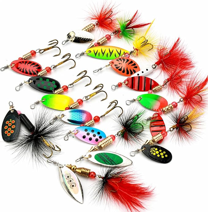 Fishing Spinner Lures Kit 10/15/16/20PCS, Inline Spinner Baits with Treble Hooks and Feather Tails, Metal Fishing Lures for Trout Bass Salmon Panfish, Multi-Color Freshwater Fishing Tackle Set