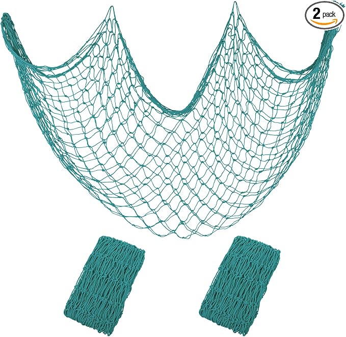 Decorative Fishing Net 2 Pack, 80x40 Inch Large Aqua Fish Net Decor for Wall, Photo Display, Nautical Mermaid Pirate Ocean Themed Beach Hawaii Under the Sea Party Decorations