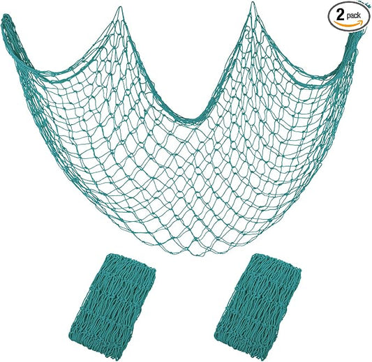 Decorative Fishing Net 2 Pack, 80x40 Inch Large Aqua Fish Net Decor for Wall, Photo Display, Nautical Mermaid Pirate Ocean Themed Beach Hawaii Under the Sea Party Decorations