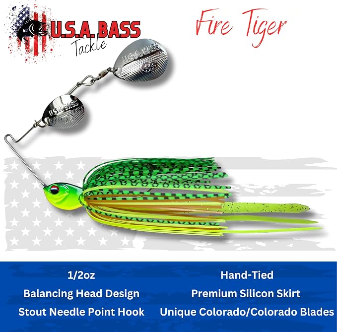 USA BASS Tackle Apache Attack Spinnerbait Type II Largemouth Smallmouth Spotted Bass Premium Fishing Bait Handtied Skirt Custom Blades Heavy Duty Hook New for 2025