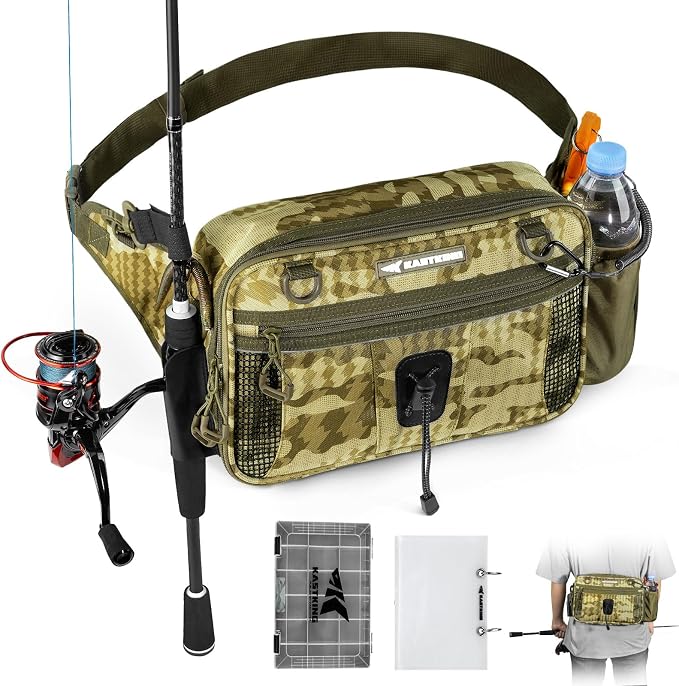 KastKing BaitSpace Waist Bag – Waterproof Tackle Storage Bag With Adjustable Belt, Fishing Fanny Pack for Men, Soft Bait Organizer, 3600 Utility Box, Rod Holder, Nylon