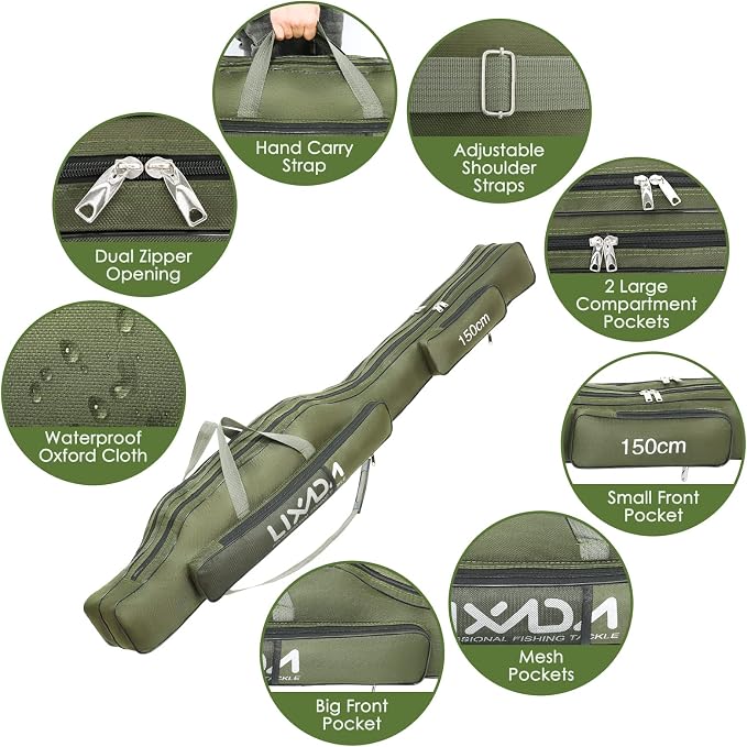 Lixada Fishing Rod Case, Portable Folding Fishing Rod Case Fishing Pole Reel Storage Bag Fishing Gears Organizer