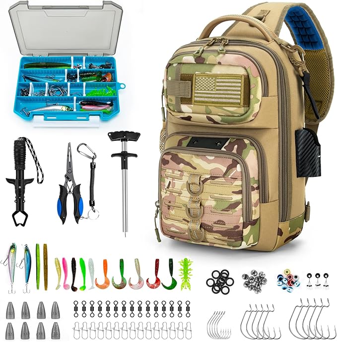 Fishing Sling Bag with Tackle Box, MOLLE System Fishing Backpack with Fishing Lures Kit, Fish Hook Remover Tool, Fish Lip Gripper, Fishing Plier & Accessories, Fishing Gear Gift for Men, Khaki