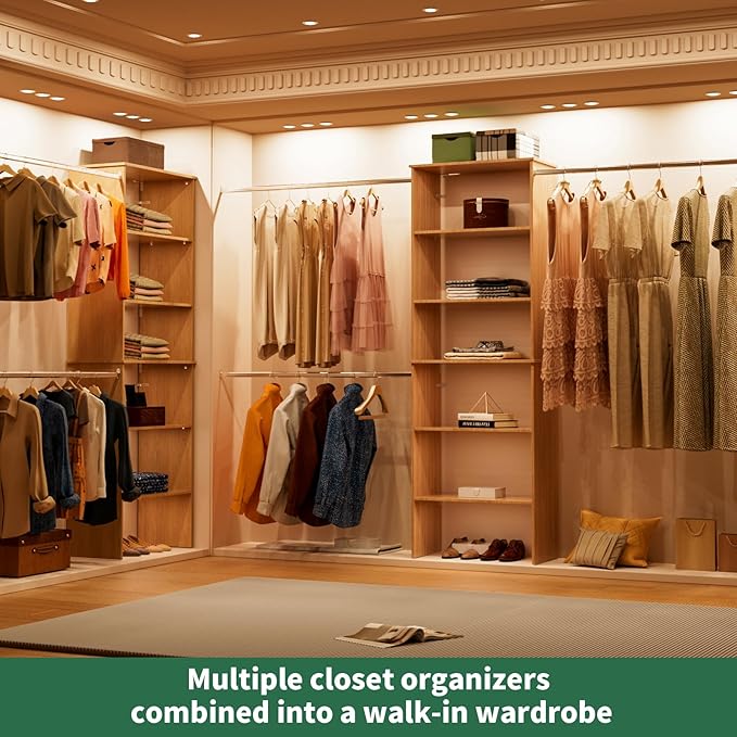 ROOMTEC Closet System, 25.5" Wide Wall-Mounted Closet Organizer Kit with Wood Storage Tower and 3 Hanging Rods, Wardrobe Closet System for Walk-In Closets, Wood