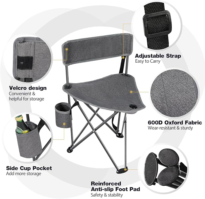 REDCAMP 2 Pack Tall Tripod Chairs for Adults, Folding Lightweight Portable Golf Chairs for Spectators, Compact 3 Legged Tripod Stools Seat with Backrest for Camping Fishing Hunting, Dark Gray