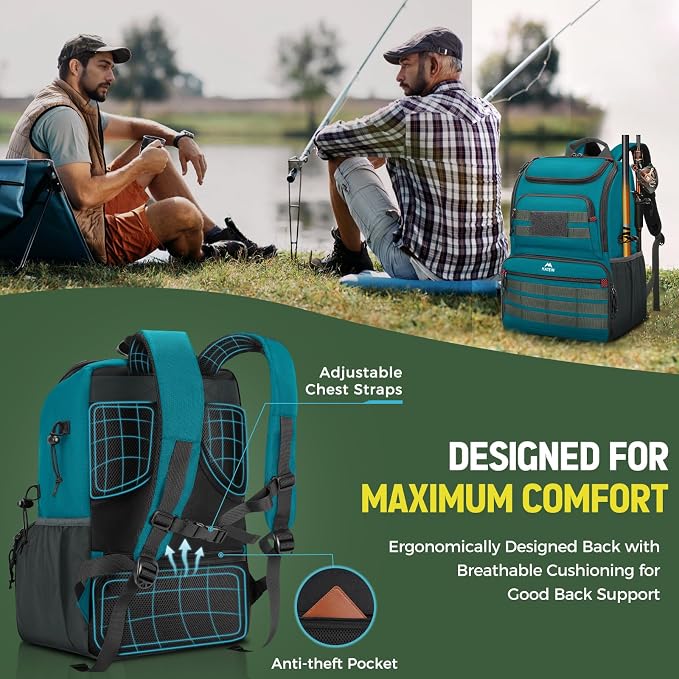 MATEIN Fishing Backpack Tackle Box, Water Resistant Tackle Backpack with Cooler & Rod Holders, Fishing Gifts for Men