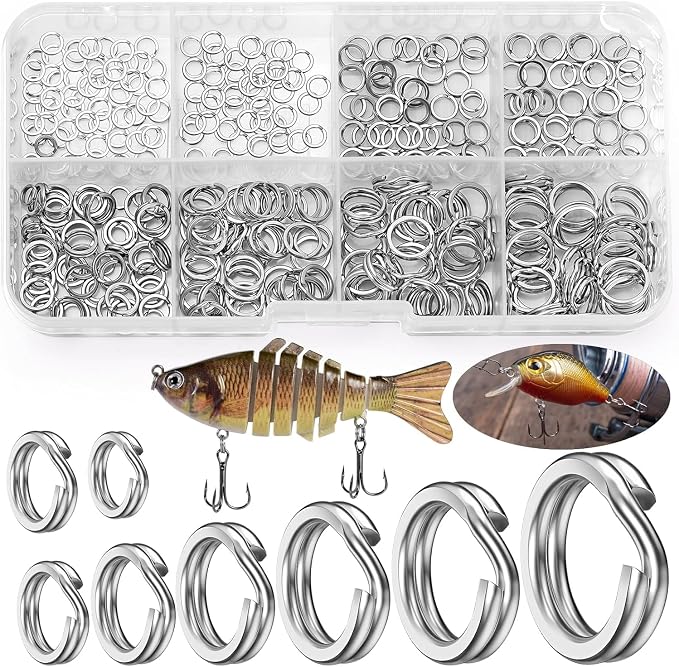 Realure 300 Pcs/8 Sizes Fishing Split Rings 8mm 7mm 6mm 5mm 4.5mm 4mm 3.5mm 3mm Fishing Hooks Lures Ring Connector Stainless Steel 304 Double Ring Clips Snaps for Connecting Fishing Lures & Hooks