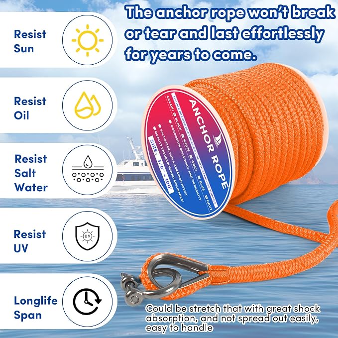 Boat Anchor Rope 100 ft x 3/8 inch Orange, Double Braided Anchor Line with Stainless Steel Thimble & Shackle, Marine Rope Ideal for Towing,Mooring,Decks,Anchoring,for Boats Up to 27'