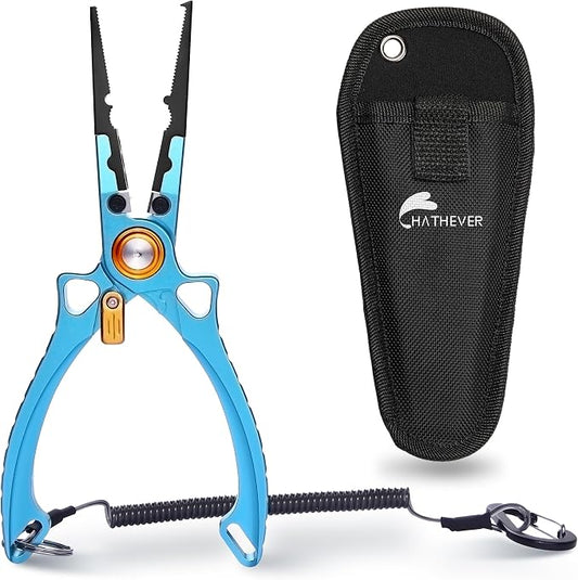 Fishing Pliers Hook Remover, Saltwater Split Ring Pliers with Safety Lock, Fishing Gear with Sheath and Lanyard, Fishing Gifts for Men
