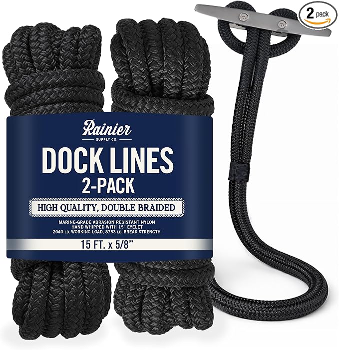RainierSupplyCo Dock Lines 2-Pack - Boat Rope for Docking with Loop - 15 ft x 5/8 Inch Premium Double Braided Nylon Marine Rope - Mooring Line with 15" Eyelet - Boat Accessories - Black