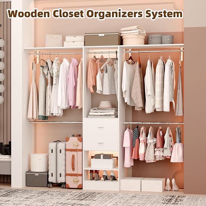Closet System, Closet Organizer System With 2 Wood Drawers, Walk-In Closet Storage System With 5 Hanging Rods, Adjustable Cloth Garment Rack, Fits Spaces 4 to -9FT, White