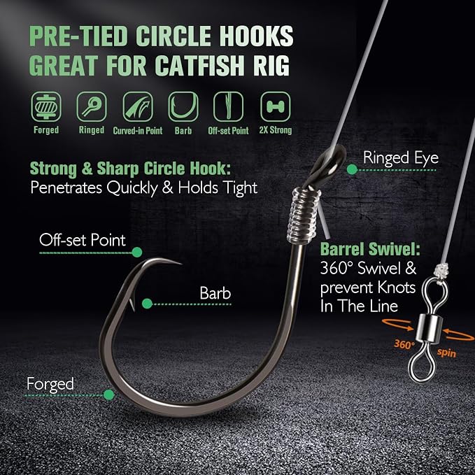 Dovesun 10PCS Pre-Rigged Catfish Rig Circle/Octopus Hooks Rigs for Catfish Offset Circle Fishing Hooks for Saltwater Freshwater 2/0 3/0 4/0 5/0 6/0 7/0 8/0 10/0