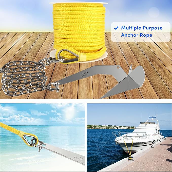 Boat Anchor Rope 100 ft x 1/2 inch Yellow, Double Braided Anchor Line with Stainless Steel Thimble & Shackle, Marine Rope Ideal for Towing,Mooring,Decks,Anchoring,for Boats Up to 35'