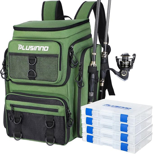 PLUSINNO Fishing Backpack with Rod Holders 4 Tackle Boxes, 42L Large Water-Resistant Fish Tackle Bag Store Fishing Gear, Camping, Hiking Gifts for Men Father, Green