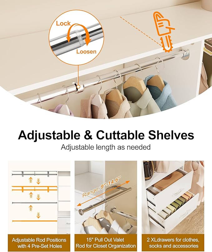 5-8FT Walk-in Closet Organizer System with 2 Wood Drawers, 4 Adjustable Hanging Rods, Wardrobe Storage Organizer with Valet Rod Duty Freestanding Garment Rack for Bedroom, Laundry, White