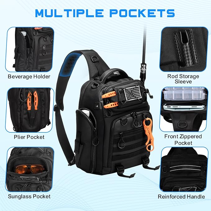 18L Fishing Sling Bag with Removable Lure Wraps and Rod & Beverage Holder, Tackle Bag for Fishing Gear