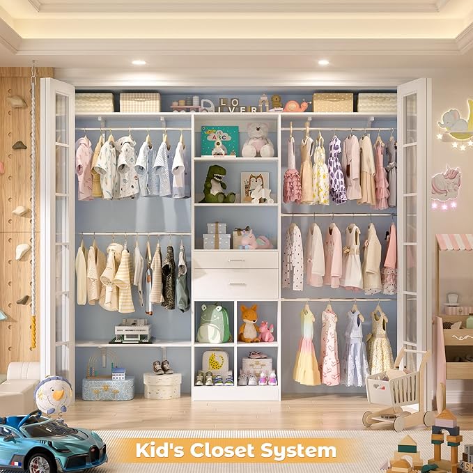 Closet System - 5-8FT Closet Organizer System with Wooden Drawers & Cube Storage Organizer, Up To 96" Closet Systems for Nursery & Walk-In Closets with Cuttable Hanging Shelving, White