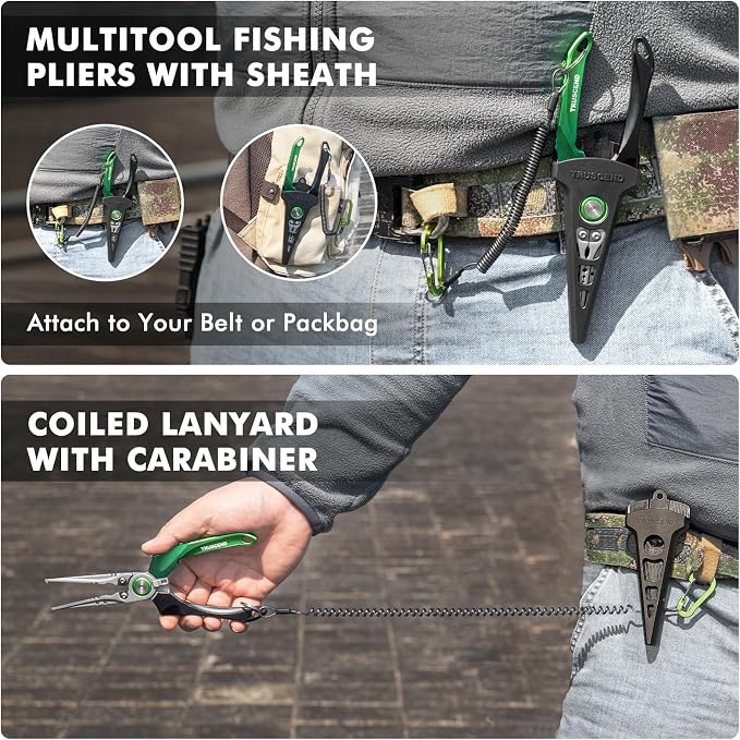TRUSCEND Easy Use Lockable Fishing Pliers with Tungsten Carbide Cutter, Innovative Ergonomic Handy Handle, Saltwater Corrosion Resistant Teflon Coated Fishing Tool, Light Multi-Function Fishing Gear