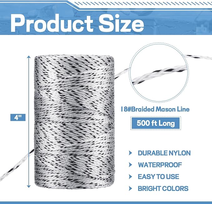 Amylove 6 Roll Mason String Line #18, 500 ft Nylon Braided Construction String Line, Heavy Duty Outdoor Twine Rope for Gardening or Masonry Tools Construction DIY Project, Black White