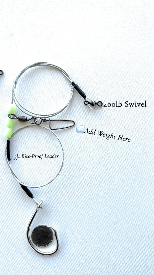 2 Pack Shark Fishing Rig Bite Proof Leader with 12/0 Heavy Duty Shark/Grouper Fishing Hook