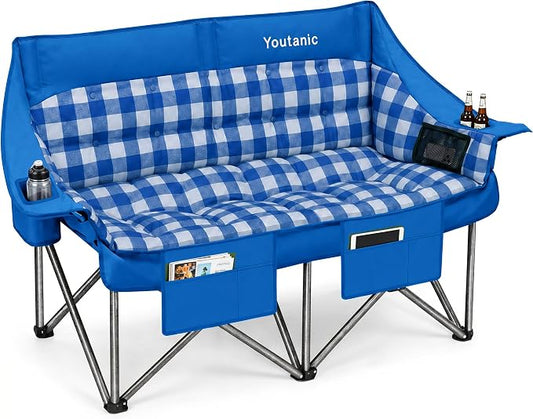 Youtanic 60" Extra Double Camping Chair, 700lbs Heavy Duty Padded Loveseat for Adults, Oversized 2 Person Folding Camp Couch with Dual Cup Holders, Portable Plaid Lawn Chair for Outside, Sports, Blue