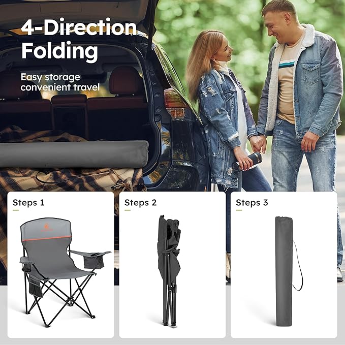 ALPHA CAMP 2-Pack Camping Chair with Cooler Bag, Heavy Duty 250lbs Capacity Folding Chair with Lumbar Support & Side Pocket, Portable Quad Chairs for Beach Fishing Tailgating & Sideline Sport