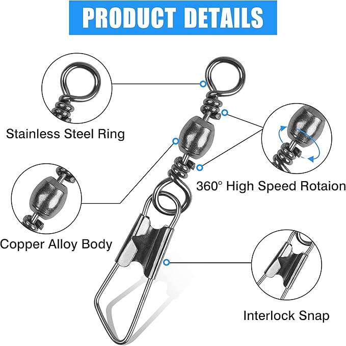 AGOOL Fishing Swivels Snaps, 60/120pcs Barrel Swivel Safety Snaps Stainless Steel Swivels Fishing Tackle Lure Leader Line Connector High Strength for Saltwater Freshwater