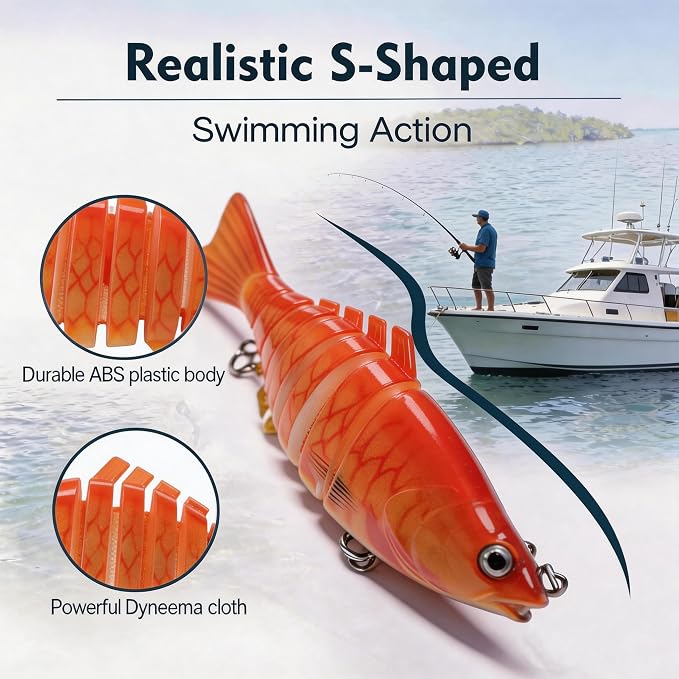 Multi Jointed Swimbait Hard Lure, 3.7in Slow Sinking Fishing Lures with Realistic S-Shaped Swimming Action, Built-in Gravity Transfer System & #6 Treble Hooks for Bass, Trout, Pike, Topwater Lure