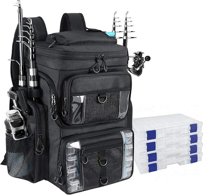 Fishing Backpack with 4 Tackle Boxes, 55L Large Tackle Box Backpack with 4 Rod Holders, Waterproof 900D Tackle Backpacks with Cooler & Clear Gear Windows, Fishing Gifts for Men Women, Black