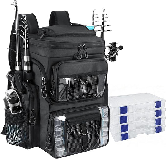 Fishing Backpack with 4 Tackle Boxes, 55L Large Tackle Box Backpack with 4 Rod Holders, Waterproof 900D Tackle Backpacks with Cooler & Clear Gear Windows, Fishing Gifts for Men Women, Black