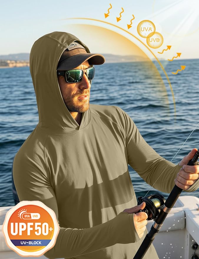 MAGCOMSEN Men's Hooded UPF 50+ Sun Protection T Shirts Long Sleeve Athletic Fishing Shirts Rash Guards