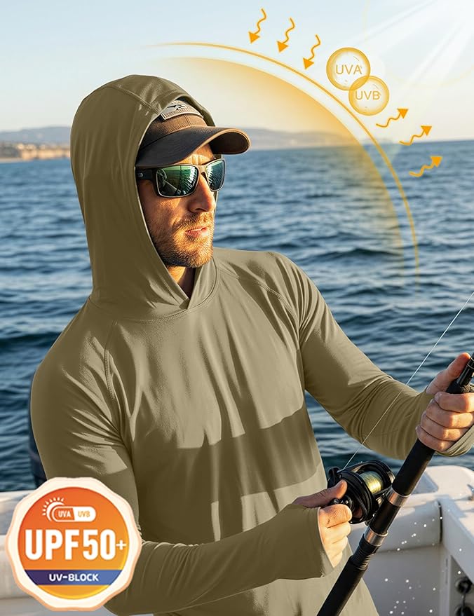 MAGCOMSEN Men's Hooded UPF 50+ Sun Protection T Shirts Long Sleeve Athletic Fishing Shirts Rash Guards