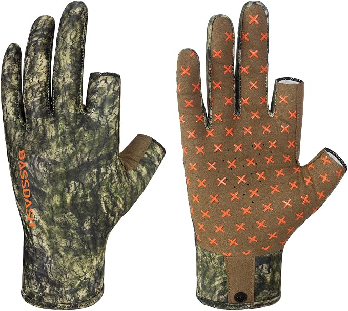 BASSDASH Unisex Fingerless Camo Hunting Gloves for Men's Women's Early Season Warm Weather UPF 50+ Lightweight Fishing Photography HG03