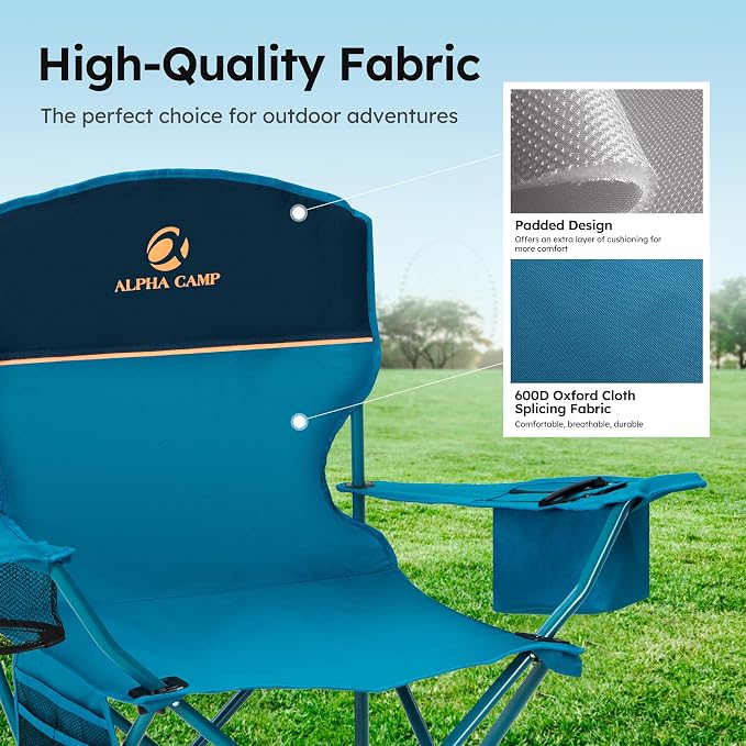ALPHA CAMP 2-Pack Camping Chair with Cooler Bag, Heavy Duty 250lbs Capacity Folding Chair with Lumbar Support & Side Pocket, Portable Quad Chairs for Beach Fishing Tailgating & Sideline Sport