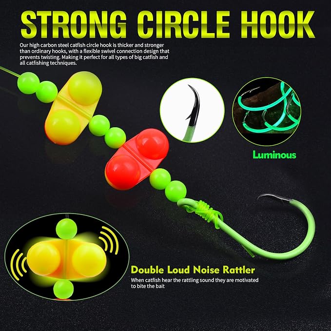 PROBEROS Catfish Fishing Rigs - Bank Fishing Set with 5pcs/Set, 6/0, 8/0, 10/0 Circle Hooks Circle Hooks, High Visibility, Ready to Use Catfish Rigs