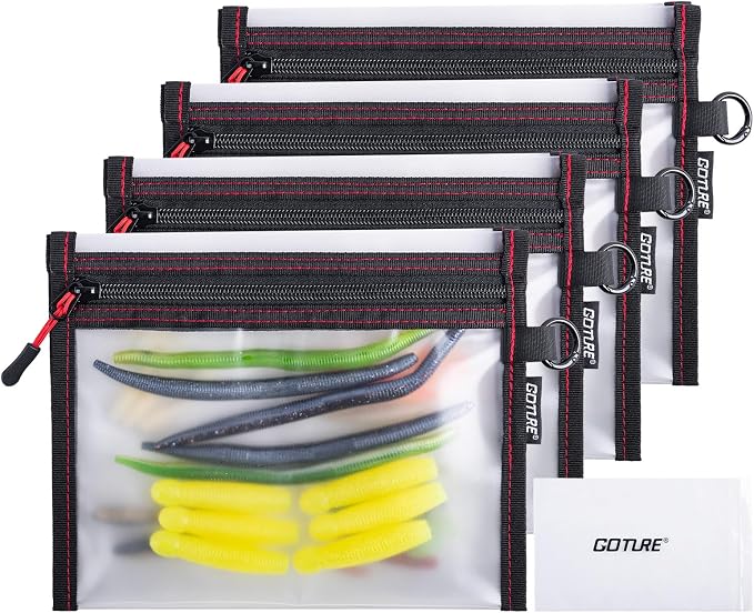Goture 4Pcs Waterproof Fishing Lure Bags, Clear Fishing Bait Storage Pouches, Soft Plastic Tackle Organizer Bags for Freshwater & Saltwater, Heavy Duty Fishing Gear Pouches for Jig, Worm, Swimbait