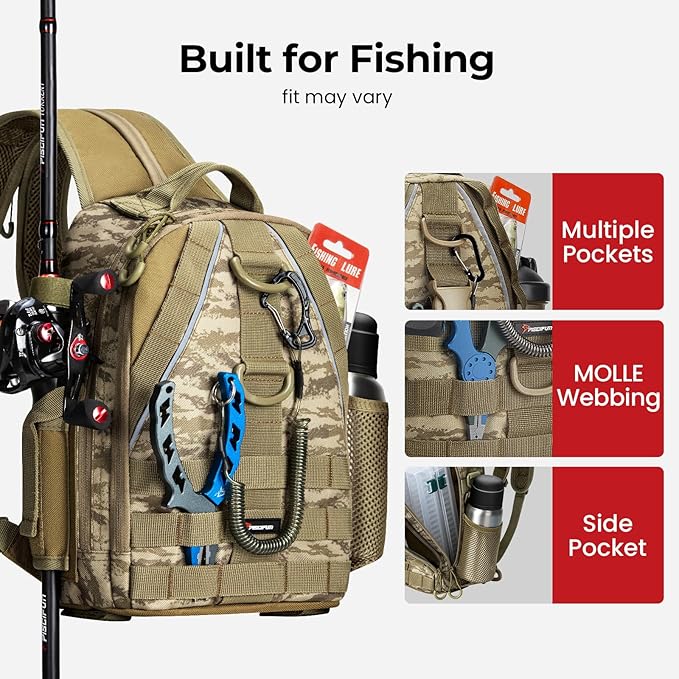 Piscifun Fishing Backpack with Rod Holder, Lightweight Sling Bag Storge Gear and Equipment