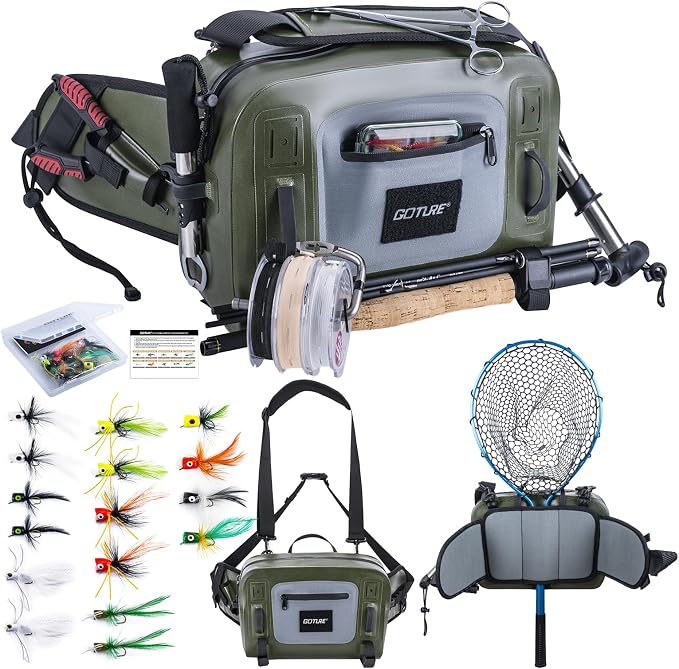 Goture Waterproof Fishing Waist Pack, IPX8 840D TPU Large Tackle Bag with Rod Holder, Airtight Zipper Closure, Fly Fishing Bag with Adjustable Waist Strap, Sling Fanny Pack with 16pcs Popper Flies