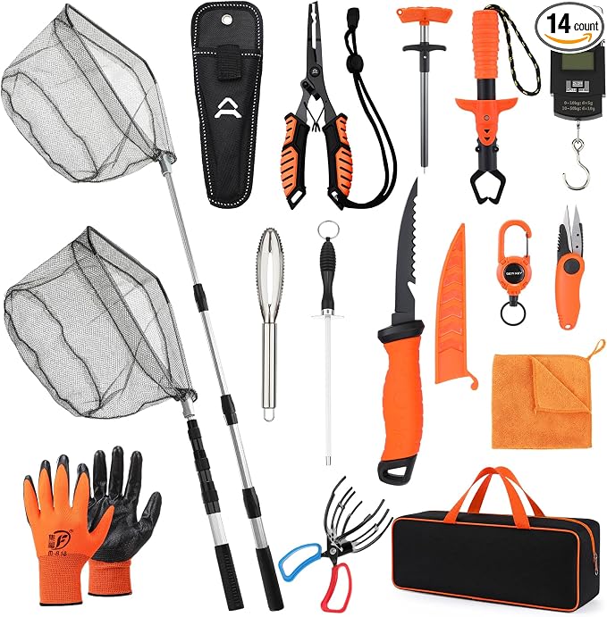 Ceenna 14 Pcs Fishing Tool Kit, Fishing Pliers, Retractable Landing Net, Lip Gripper, Fillet Knife, Digital Scale, Hook Remover, Scaler, Braid Scissors, Sharpener, Tool Retractor Accessories