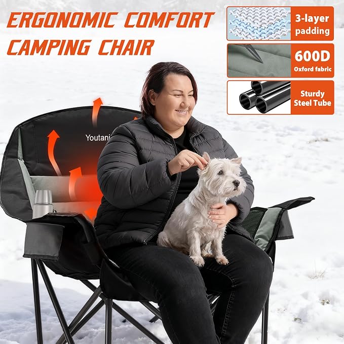 Youtanic Oversized Extra Large Heated Padded Camping Chair up to 500lbs, 3 Heat Levels Camp Chair with Carry Bag, Outdoor Heating Folding Chairs for Adults, Fishing, Sports, Picnic, Black-Gray