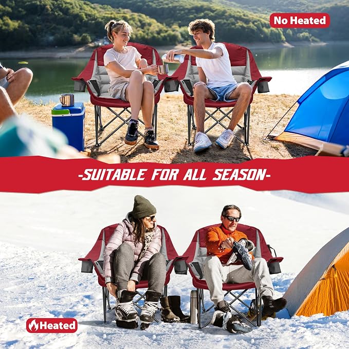 Youtanic Oversized Extra Large Heated Padded Camping Chair up to 500lbs, 3 Heat Levels Camp Chair with Carry Bag, Outdoor Heating Folding Chairs for Adults, Fishing, Sports, Picnic, Gray-Red