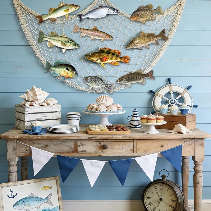 Gone Fishing Party Decorations Kit with Large Fishing Net & 10 Fake Fish Cutouts, Under The Sea Theme Wall Table Fish Decor for Avid Fisherman Birthday First Year Ocean Animal Photo Backdrop Supplies