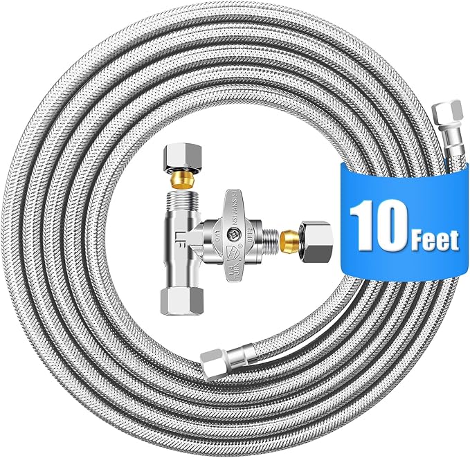 Refrigerator Water Line Kit - 10FT Stainless Steel Braided Ice Maker Water Line with Tee Stop Valve,Foodgrade PEX Inner Hose Fridge Water Line with 1/4" Comp Fitting and Tee Valve