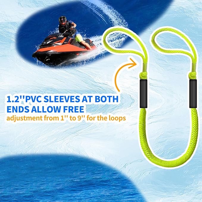 2-Pack Bungee Dock Lines for Boats with Loops, Boat Tie Downs for Docking, Adjustable Boat Mooring Rope for Pontoon, Jon Boat & PWC (Fluorescent Yellow, 4 FT)