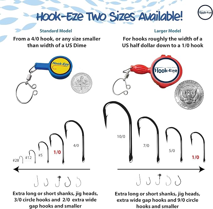 HOOK-EZE Knot Tying Tool Cover Hooks on 4 Fishing Poles - Line Cutter - 2 Sizes Saltwater Freshwater Bass Kayak Ice Fishing