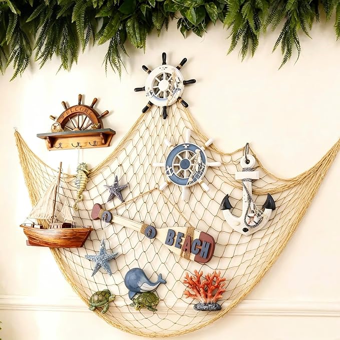 2 Pack Decorative Fishing Net, 5x10 ft Large Yellow Fish Net to Hang Stuffed Animals, Decor Net for Nautical Beach Mermaid Theme Birthday Party, Baby Shower, Drape Tables, Balloon Holder